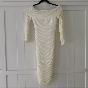 Cream Ruched Off- Shoulder Midi Dress